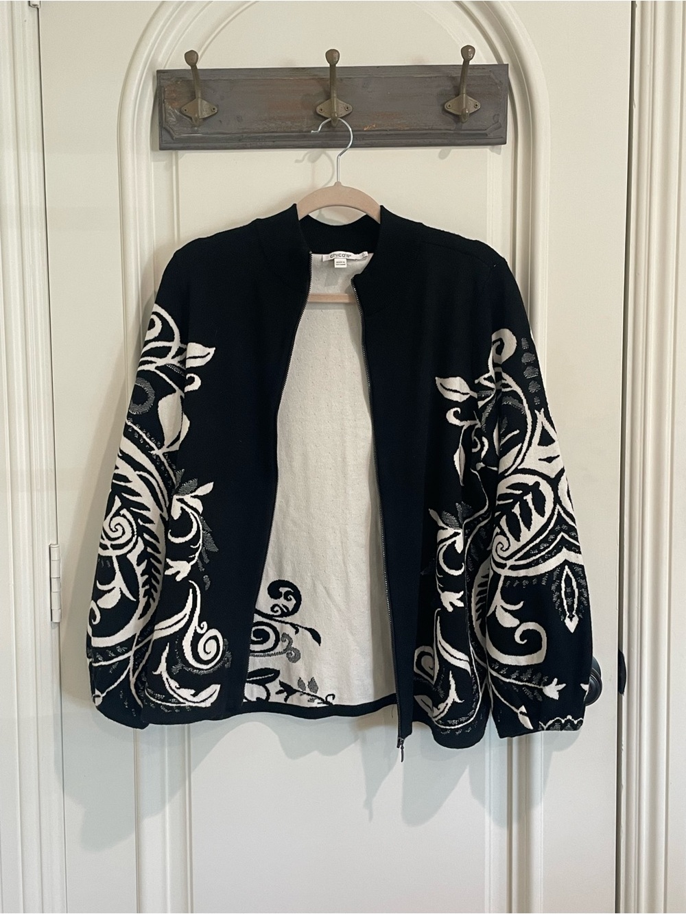 Chico's Black & White Floral-Scroll Bomber Jacket